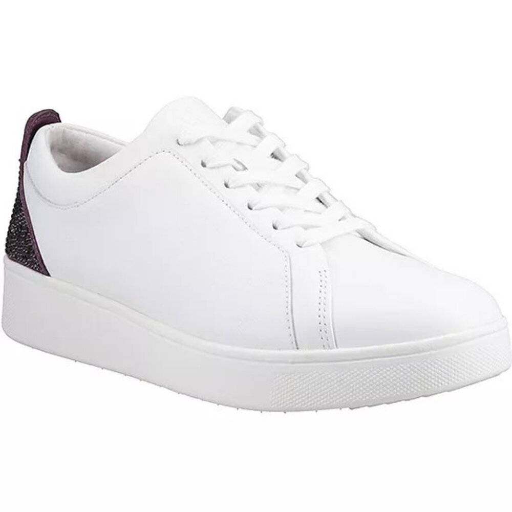FitFlop $120 White Leather Rally Mauve Wine Crystal-Backtab Trainers Sz 11 NIB!